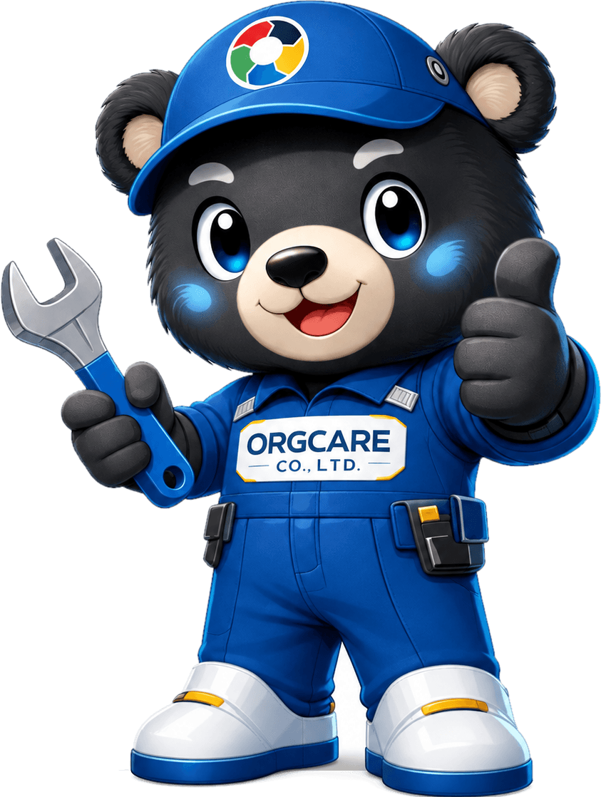 มาสคอตหมี ORGCARE ช่างเทคนิคระบบปรับอากาศ ถือประแจและยกนิ้วโป้ง